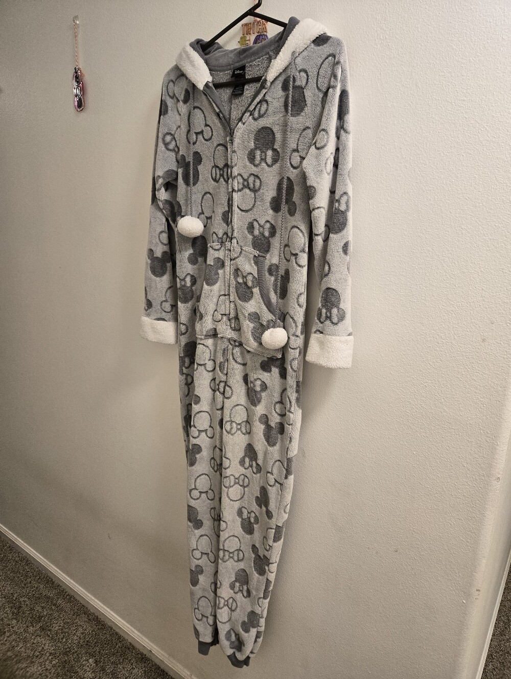 Disney Gray and White Mickey Fleece Hooded Pajama Onesie Sz XS